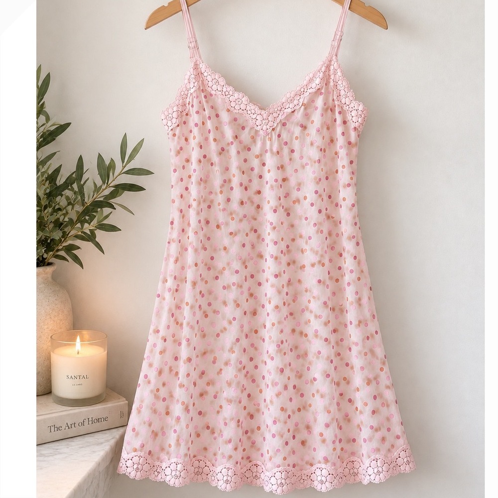 Victorias Secret PINK Pink Polka Dot sheer Mesh Lace Trim Babydoll Chemise L